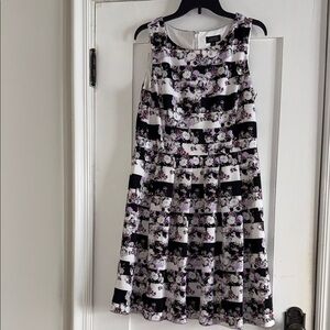 Tahari Black and White Floral Dress with Purple Accents